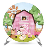 Couverture de toile de fond ronde Brithday animaux de la ferme rose